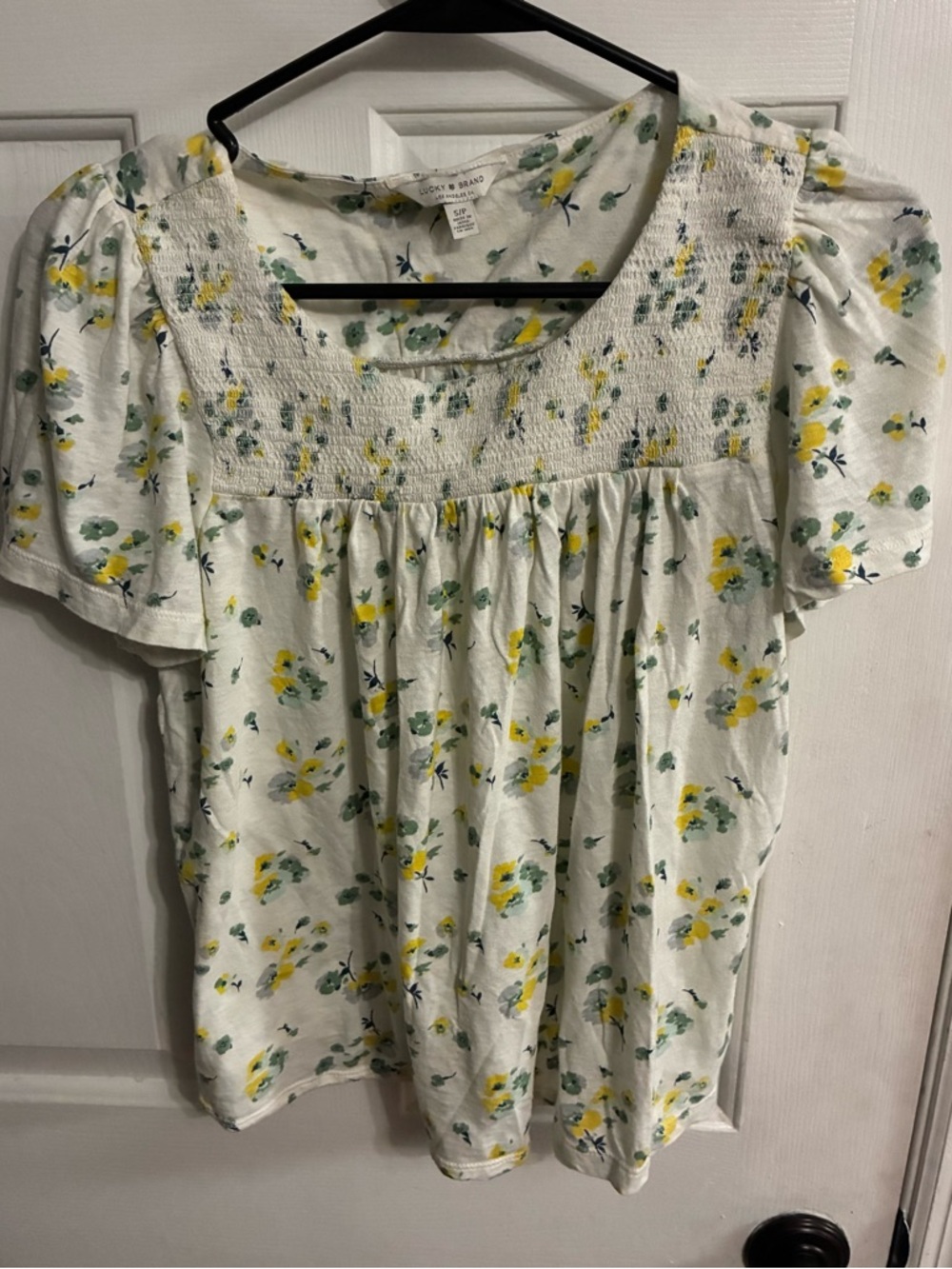 Lucky Brand White Floral Smocked Square-Neck Blouse with Yellow & Green Print